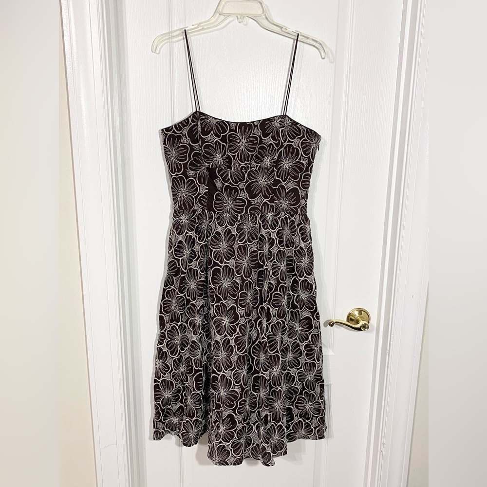 Y2K Liz Claiborne Embroidered Floral Spaghetti Strap Cocktail Dress Brown White